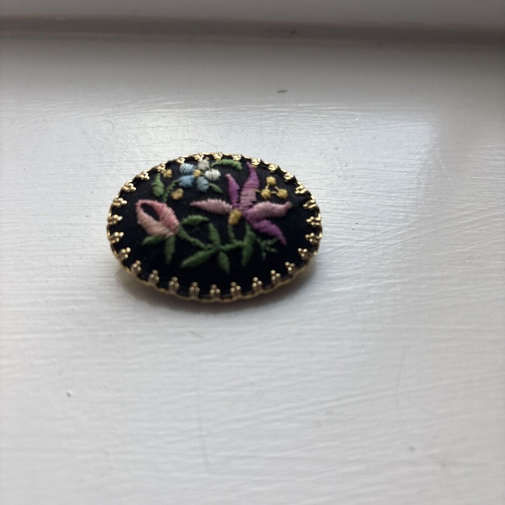 Vintage PETIT POINT EMBROIDERED FLORAL BROOCH MCM Simply Elegant!
